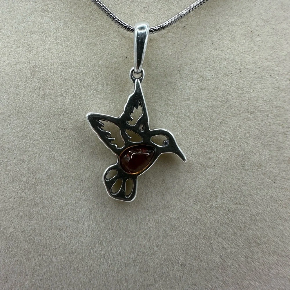 Silver and Amber Hummingbird Pendant Necklace on Silver Plated Snake Chain